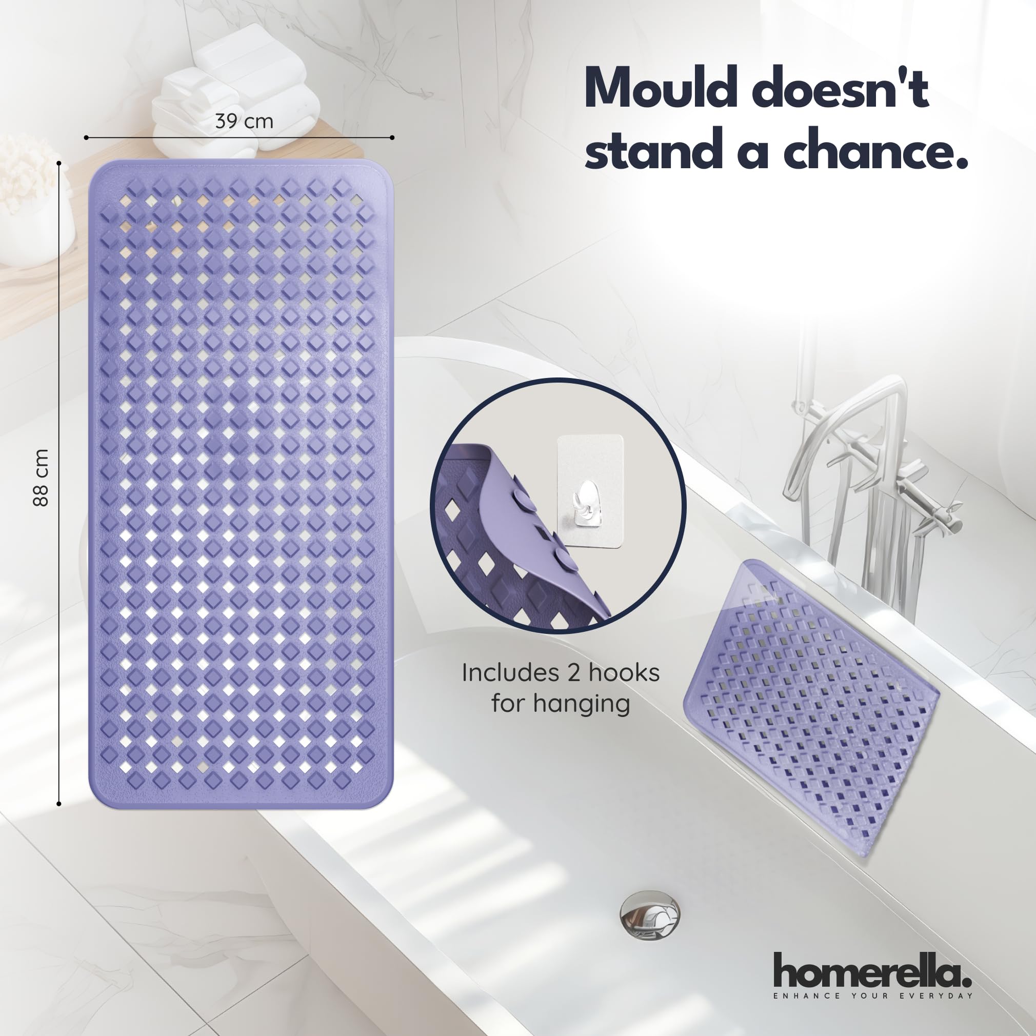 homerella Bath Mat Non Slip Anti Mould 88x39cm Shower Mat Non Slip Bath Mat
