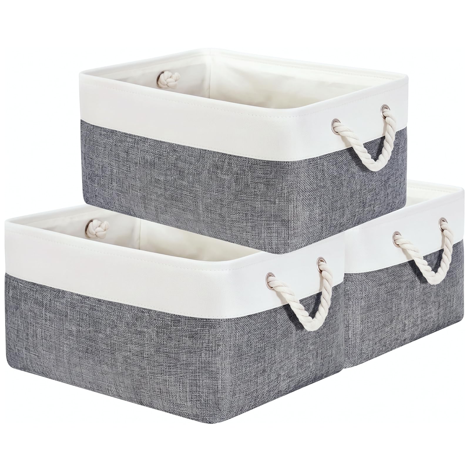 Mangata Set of 3 Soft Fabric Storage Baskets with Rope Handles, 41x31x18 cm, Rectangular Shelf & Wardrobe Organiser Boxes