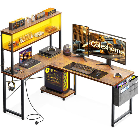 Coleshome L Shaped Gaming Desk with LED Lights & Power Outlet, Brown