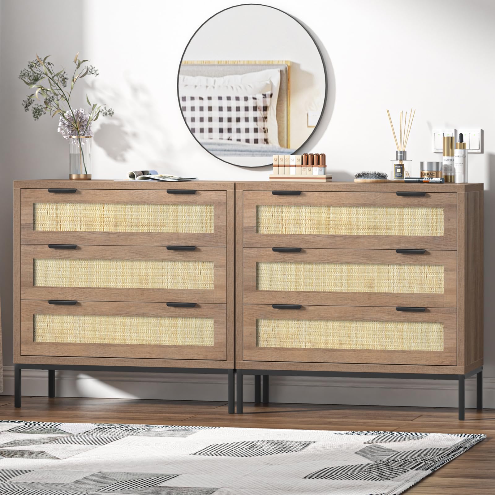 Skokliz Rattan Chest of Drawers with 3 Drawers, Storage Organizer for Bedroom, Wide Dresser Chest of Drawers, Modern Wooden Storage Unit for Hallway