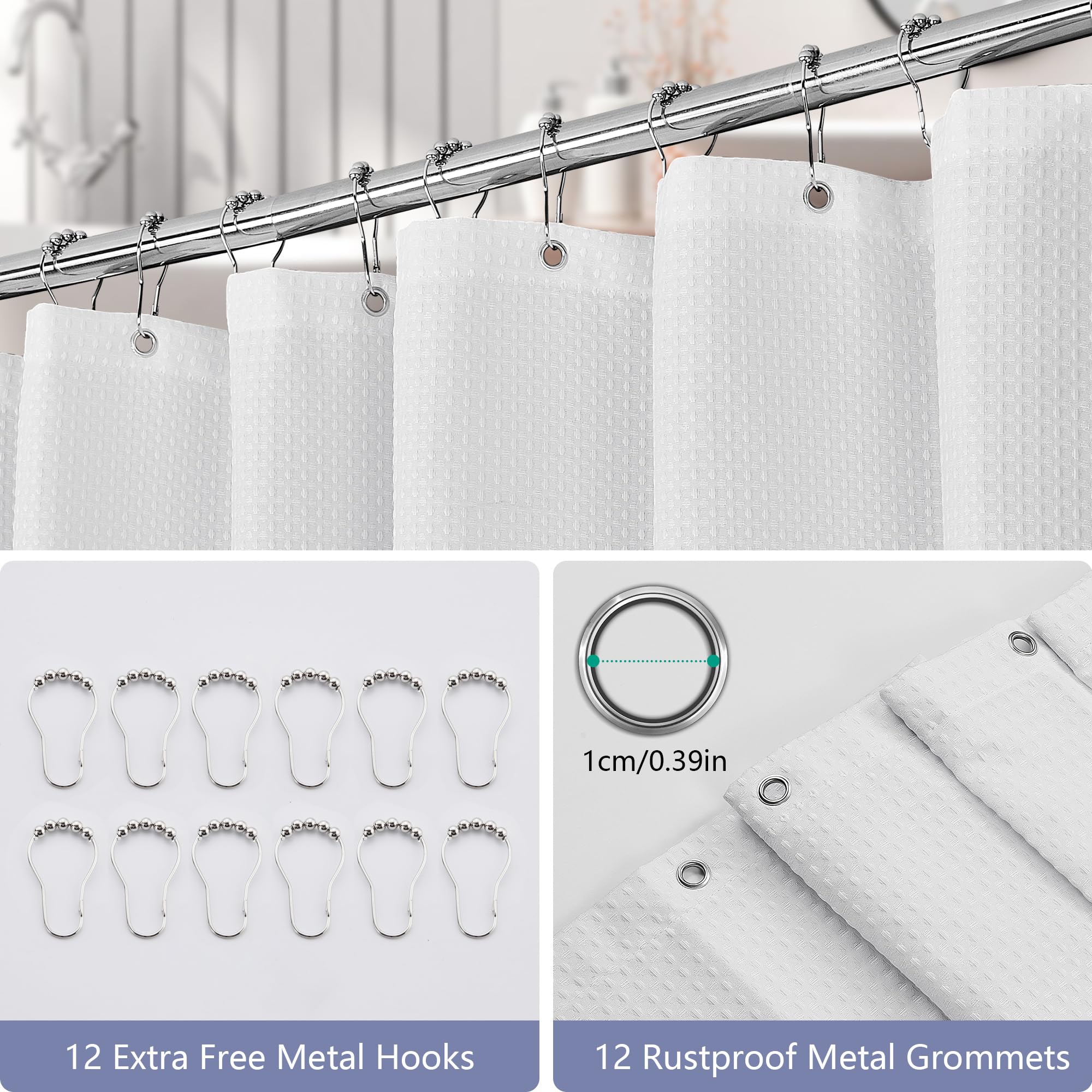 FIISAYL Shower Curtain for Bathroom, Weighted Hem, Waterproof and Anti Mould Resistant Waffle Fabric Curtains with 12 Hooks, Machine Washable