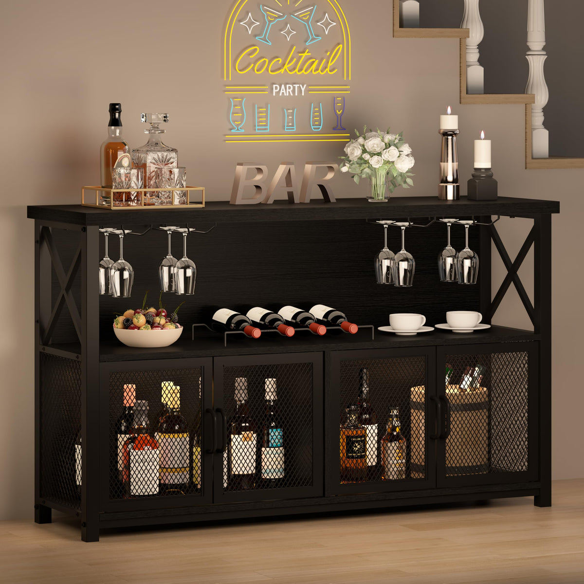 LVB Wine Bar Cabinet Industrial Coffee Bar Cabinets 120cm Black Oak