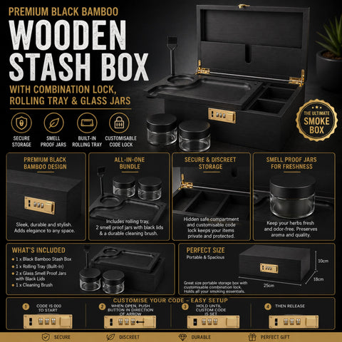 UkGlass Large Bamboo Wooden Stash Box with combination Lock, Rolling Tray and Glass Storage Jars