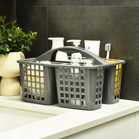 ALINK Plastic Shower Caddy Basket with Compartments, Portable Divided Cleaning Supply Storage Organizer with Handle for College Dorm Bathroom-Grey