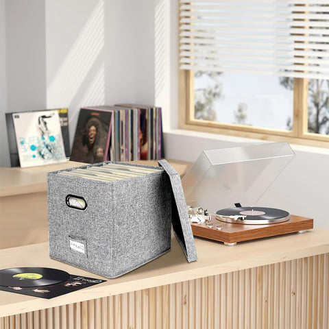 4 PCS 12-inch Vinyl Record Storage Box,Folding LP Case with Lid & Handle