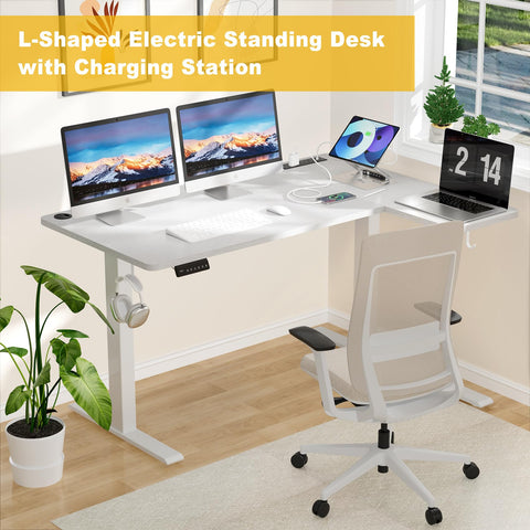 COWISH Electric Standing Desk 120x60cm Sit Stand Table Height Adjustable L Shaped Standing Desk with Built-in Power Outlet & Memory Smart Panel, White