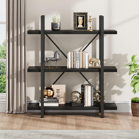 HSH 3 Tier BookShelf Farmhouse Storage Bookcases Modern Shelf Black Oak