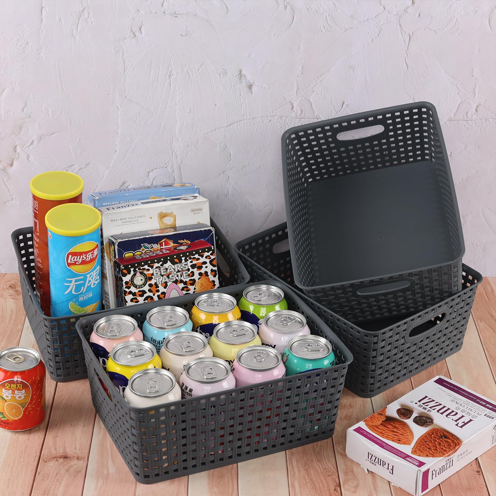 Doryh Plastic Woven Storage Basket, Grey Cupboard Storage Baskets, 4-Pack