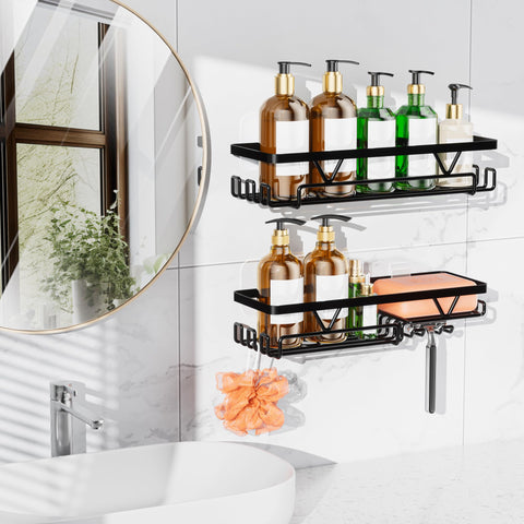 KEGII 2 Pack Adhesive Shower Caddy - Black Stainless Steel Shower Shelf with Soap & Razor Holder, No Drill for Bathroom Kitchen, 5KG Load Capacity