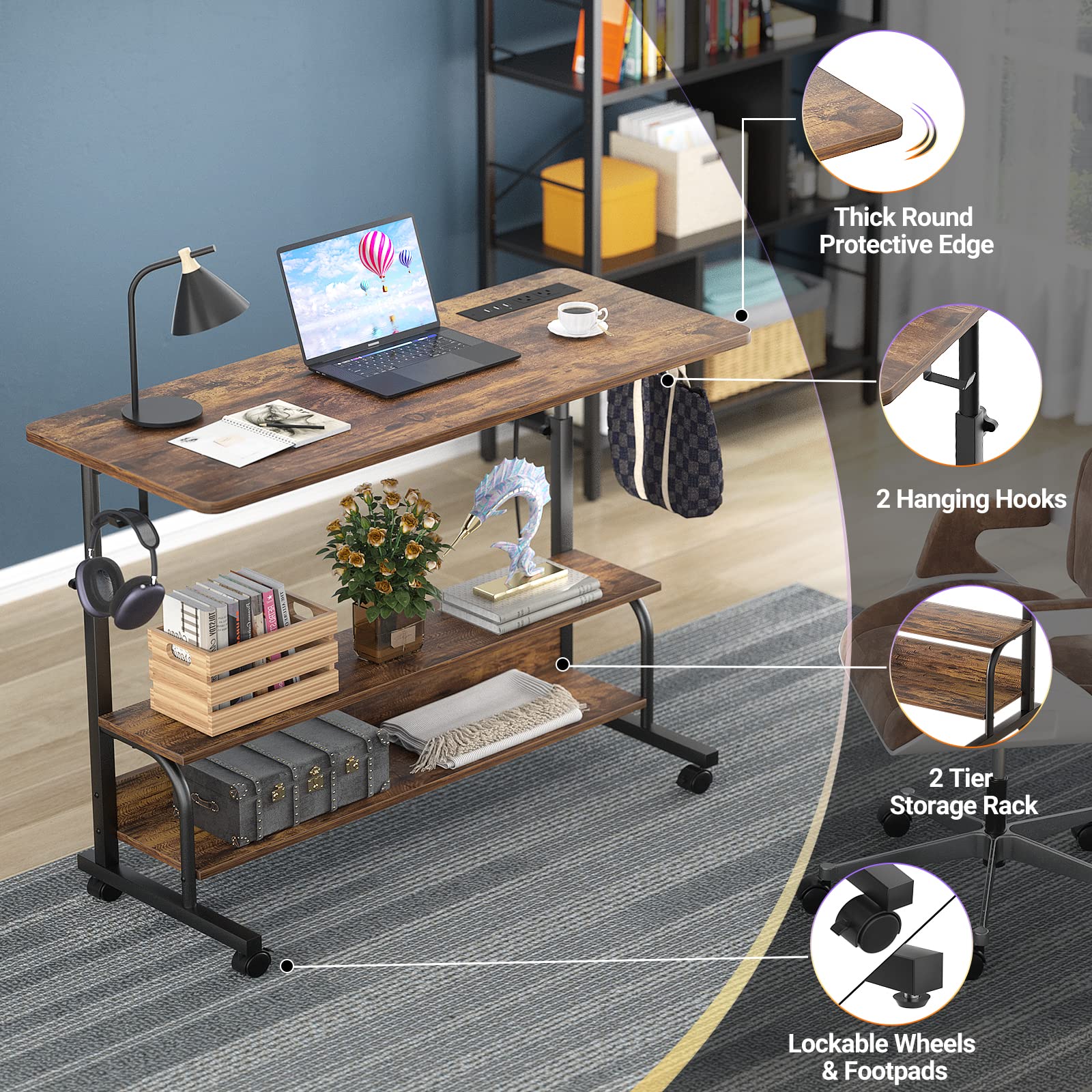 iSunirm Rolling Standing Desk with UK Power Outlets & USB, Height Adjustable Desk on Wheels, Small Portable Desk for Home Office