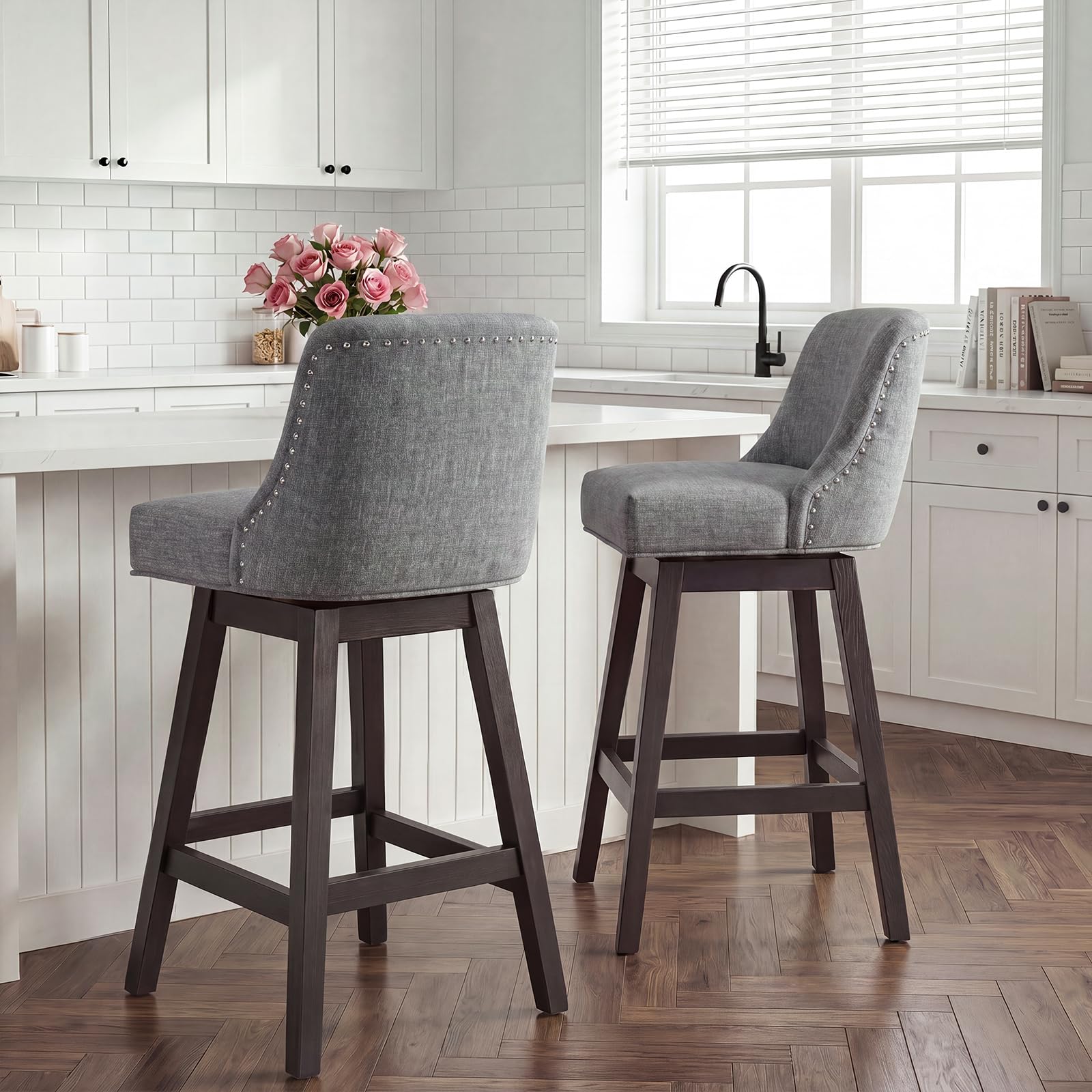 Bar Stools Set of 2, 360° Swivel Upholstered Counter Stools with Back, Wooden Frame Kitchen Bar Chairs with Nailhead Trim