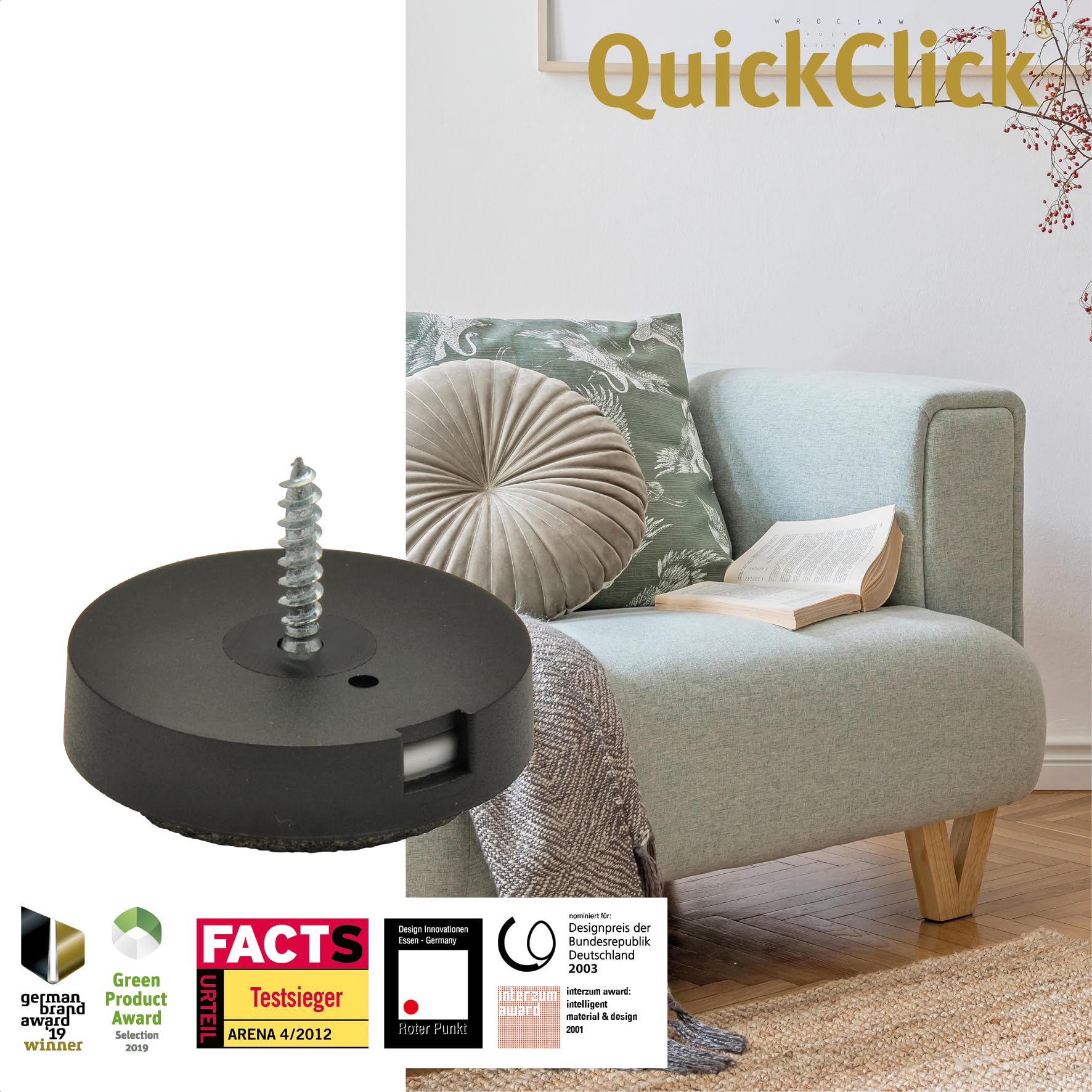 WAGNER QuickClick® Furniture glider set - DUO - reversible wool felt + plastic I 4x base + 4x reversible and replaceable insert - ULTRASOFT + HYPER