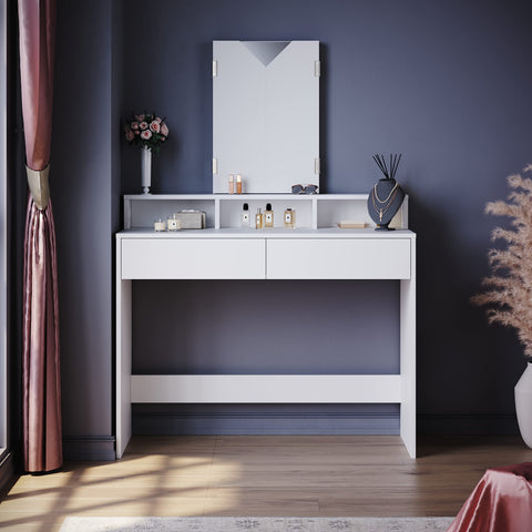 ELEGANT Dressing Table with180° Tri-fold Mirror & 2 Drawers, 100x40x142cm