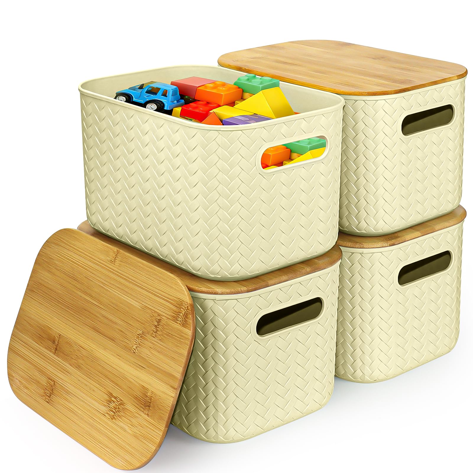 XJGQZ Plastic Storage Boxes with Wooden Lids, 4-Pack Stackable Organisers