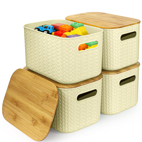 XJGQZ Plastic Storage Boxes with Wooden Lids, 4-Pack Stackable Organisers