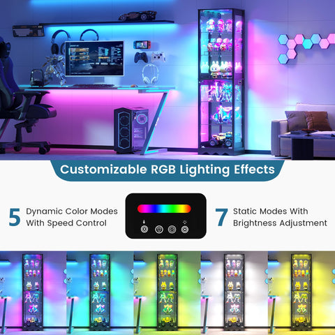 FREDEES Glass Display Cabinet with RGB Lights, 6 Tiers, Black