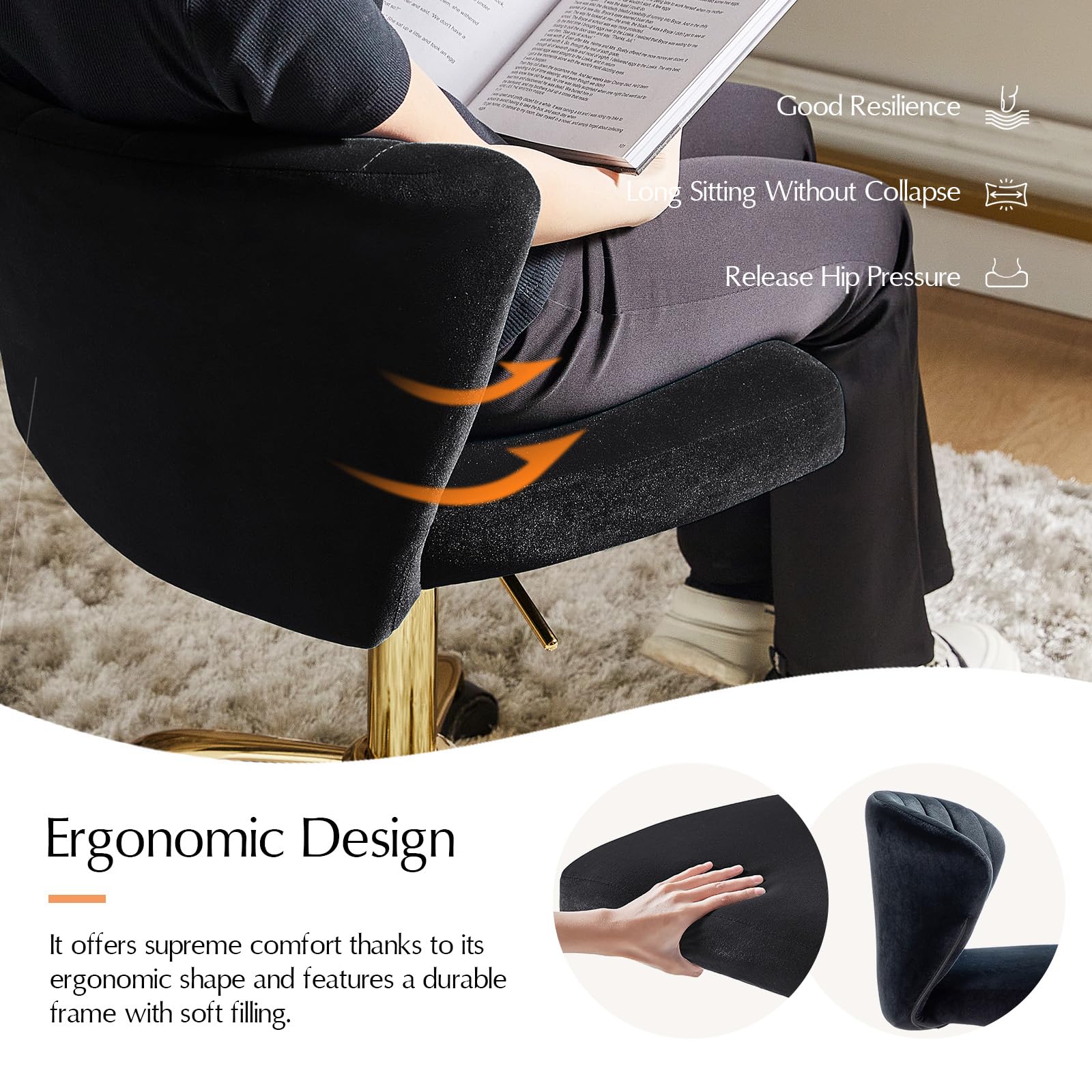 HULALA HOME Height Adjustable Swivel Desk Chair with Gold Base, Black