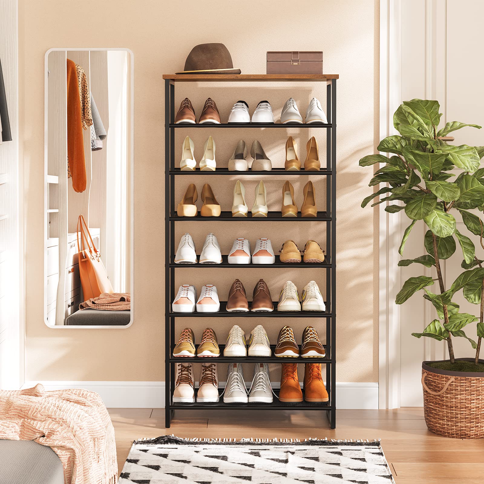 HOOBRO 8-Tier Shoe Rack, Tall Shoe Shelf, Shoe Organizer Rack for 21-28 Pairs of Shoes, Detachable Metal Mesh, Narrow Stand for Hallway, Living Room
