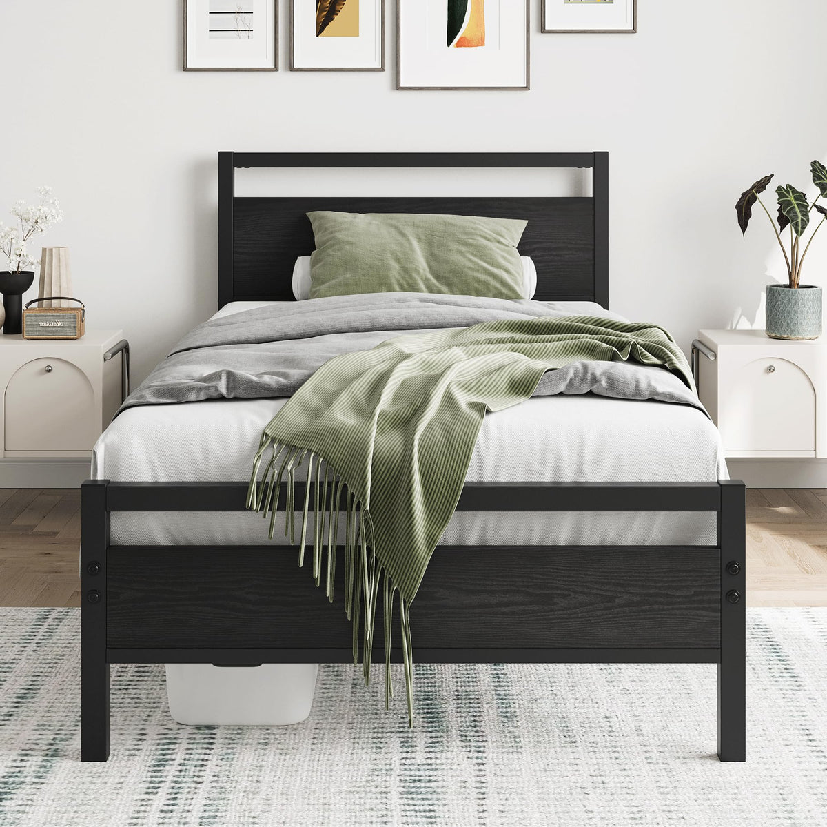 HOJINLINERO Single Bed Frame with Storage Headboard,90x190cm,Black