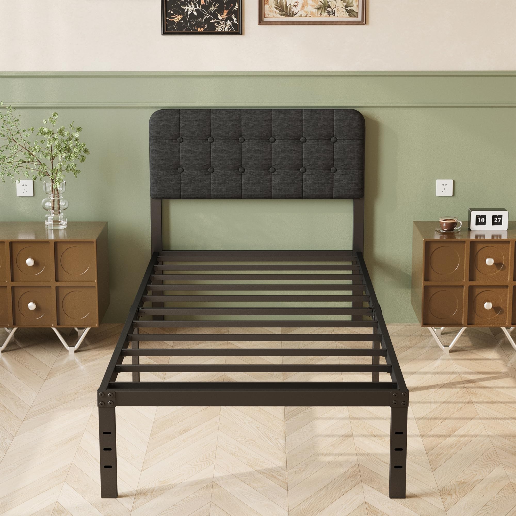 Lutown-Teen Single Bed Frame with Black Upholstered Headboard