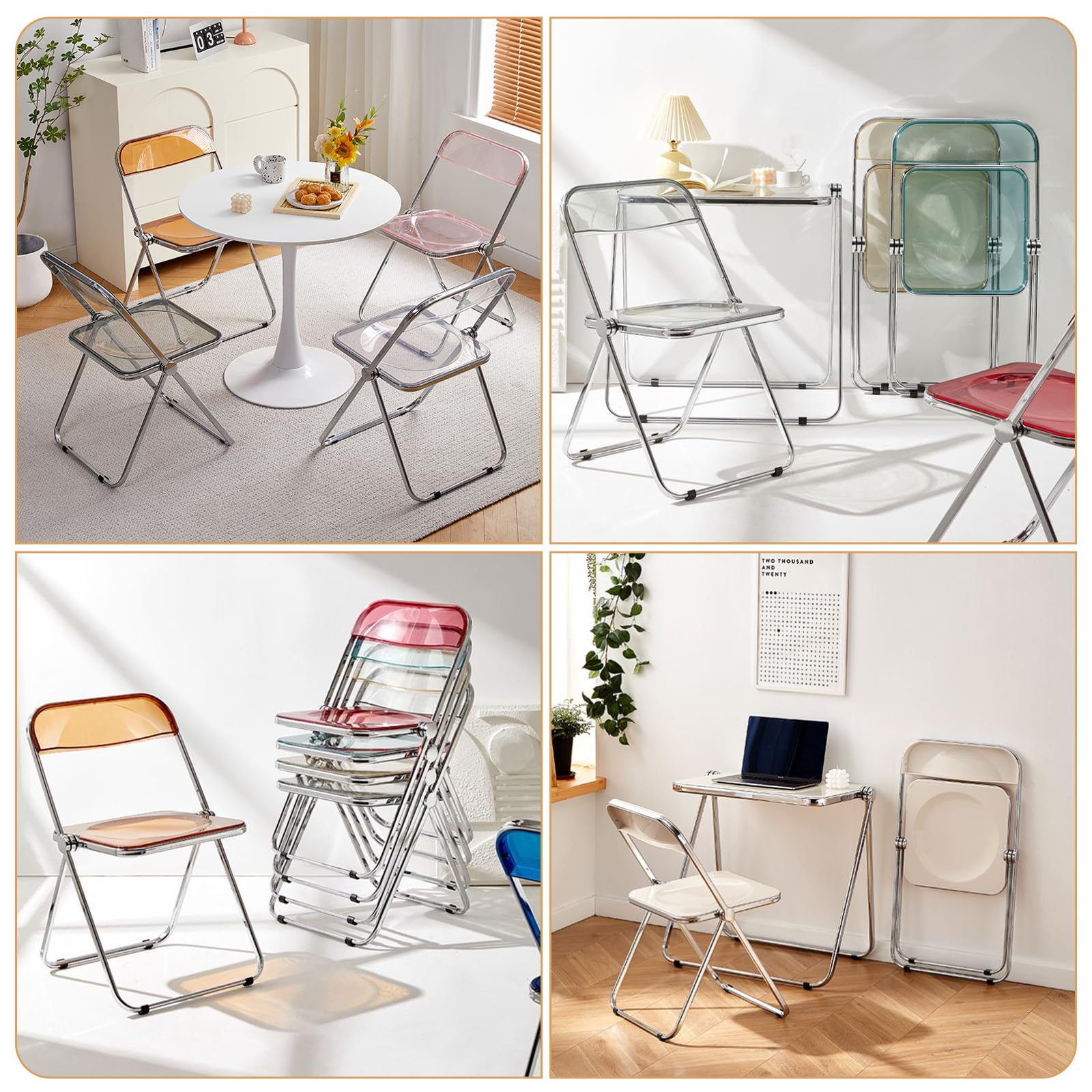 KAIHAOWIN Luxury Modern Acrylic Folding Chair Transparent Chairs-Ghost Stackable Crystal Folding Chair-PC Plastic Living Room Seat-Chrome Frame-Gray