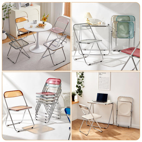 KAIHAOWIN Luxury Modern Acrylic Folding Chair Transparent Chairs-Ghost Stackable Crystal Folding Chair-PC Plastic Living Room Seat-Chrome Frame-Gray