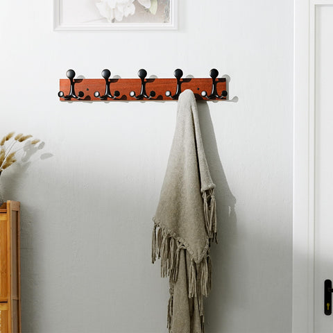 SKOLOO 61cm Cherry Wood Coat Rack Wall Mount with 5 Triple Hooks - Ideal for Family Entrances, Classrooms, and Pet Supplies Storage