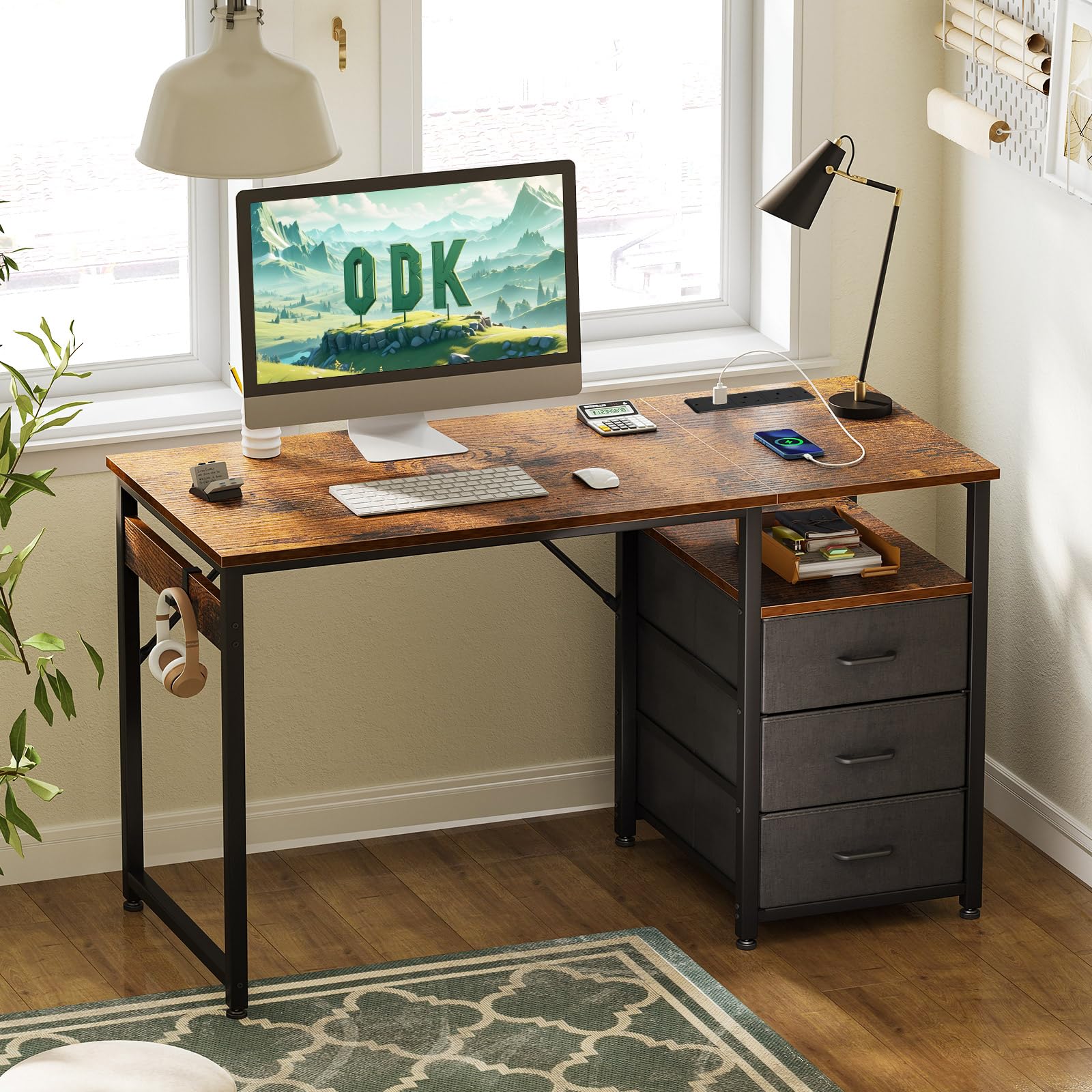 ODK Computer Desk with Drawers, 120cm Office Desk with Sockets, Brown
