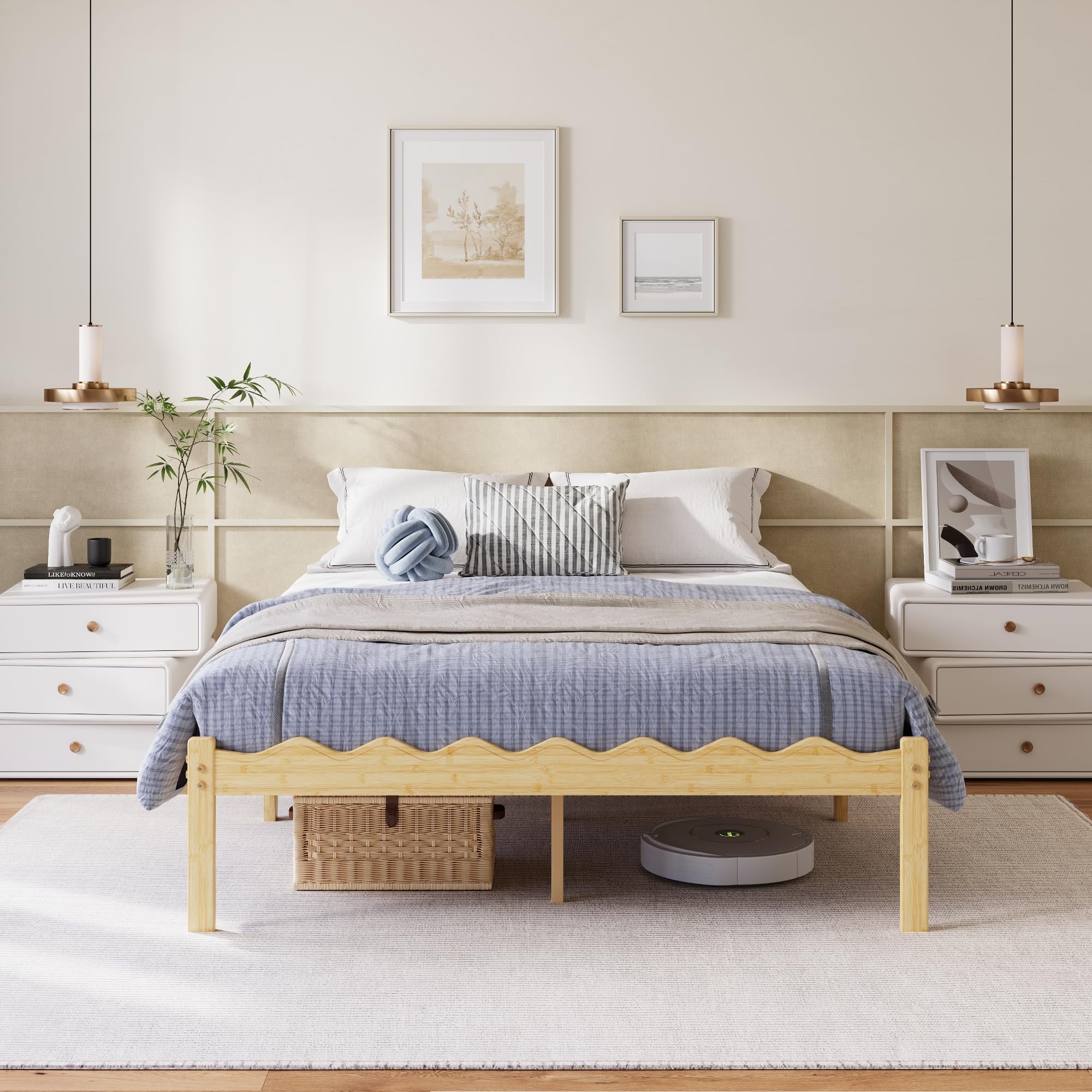 Hunlostten Wooden Double Bed Frame - Modern Style Bamboo Wood Bed Frame with Headboard and Footboard Underbed Storage Slats Support Easy to Install