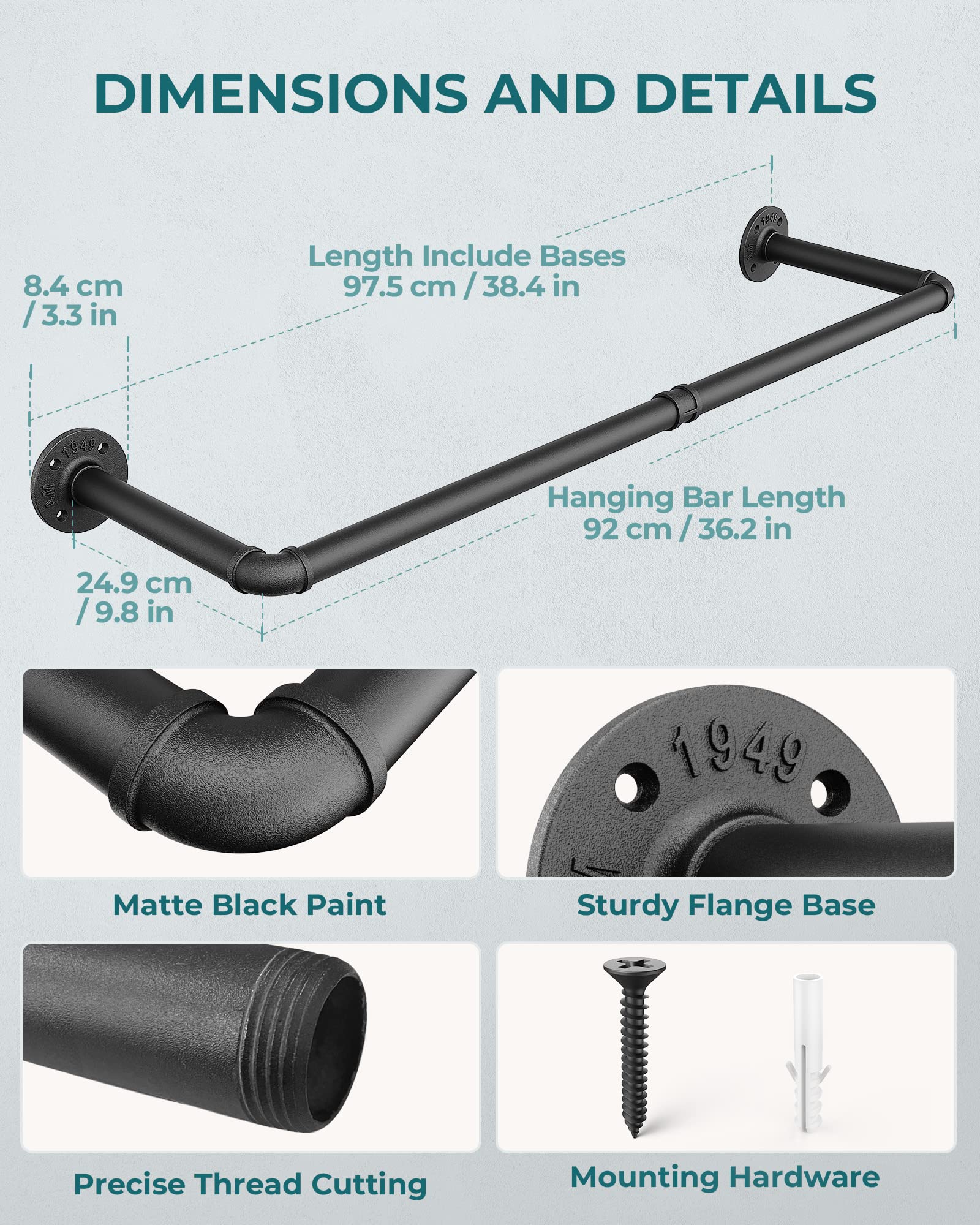 OROPY Retro Wall Mounted Clothes Rail, 92cm Industrial Pipe Clothes Rack