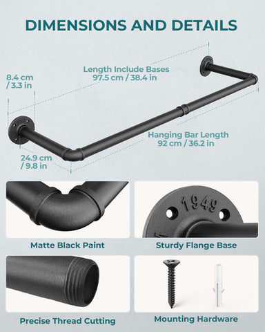 OROPY Retro Wall Mounted Clothes Rail, 92cm Industrial Pipe Clothes Rack