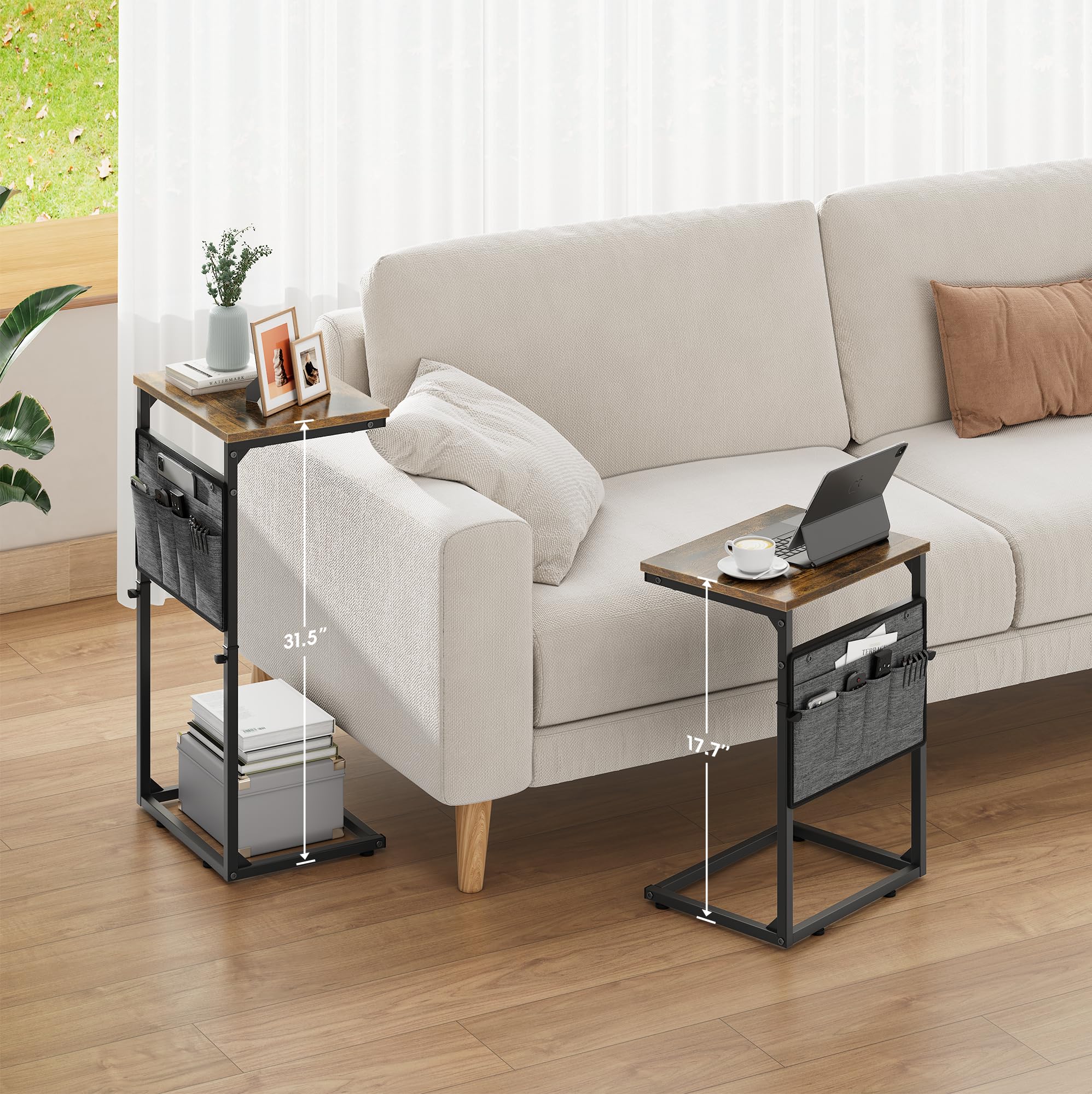 Vagusicc C-Shaped Side Table, Height Adjustable Sofa Side Table, Bedside Table with Cloth Storage Bag, C Table, End Table for Small Spaces