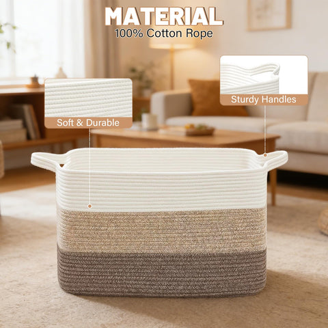 FANGCCC Large Storage Basket 55 x 43 x 30.5 cm, Cotton Rope Blanket Basket with Handles, Woven Storage Basket for Laundry, Clothes and Toy Storage