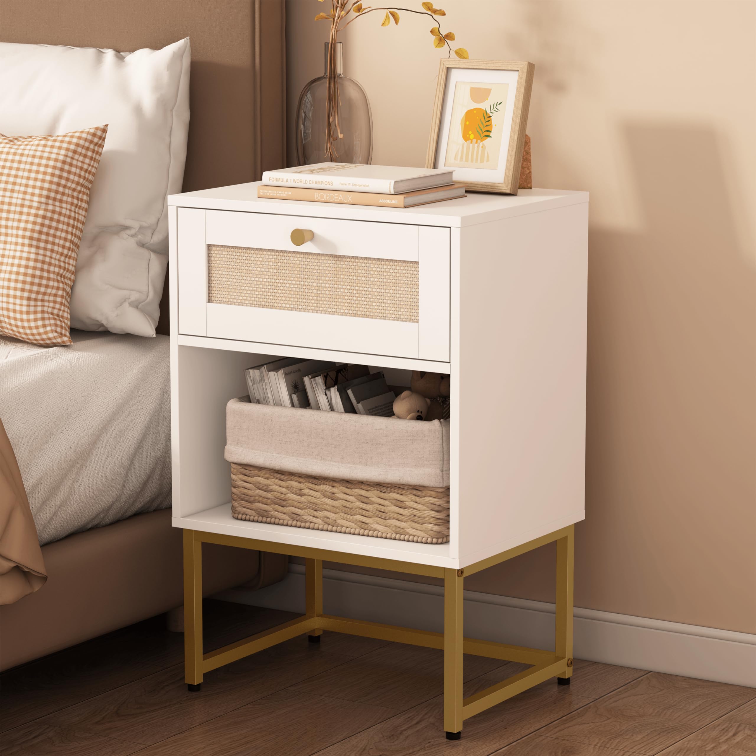 JERX Rattan Bedside Table, Farmhouse Wood Nightstand with Storage Drawer and Open Shelf Small Bedside Cabinet for Bedroom,Living Room,Office White