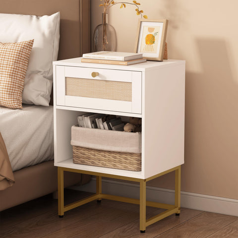 JERX Rattan Bedside Table, Farmhouse Wood Nightstand with Storage Drawer and Open Shelf Small Bedside Cabinet for Bedroom,Living Room,Office White