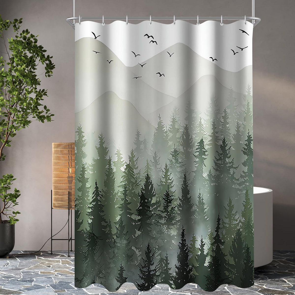 Lerores Shower Curtain 150 x 180 cm, Forest Anti-Mould Textile, Weighted Hem, Water-Repellent