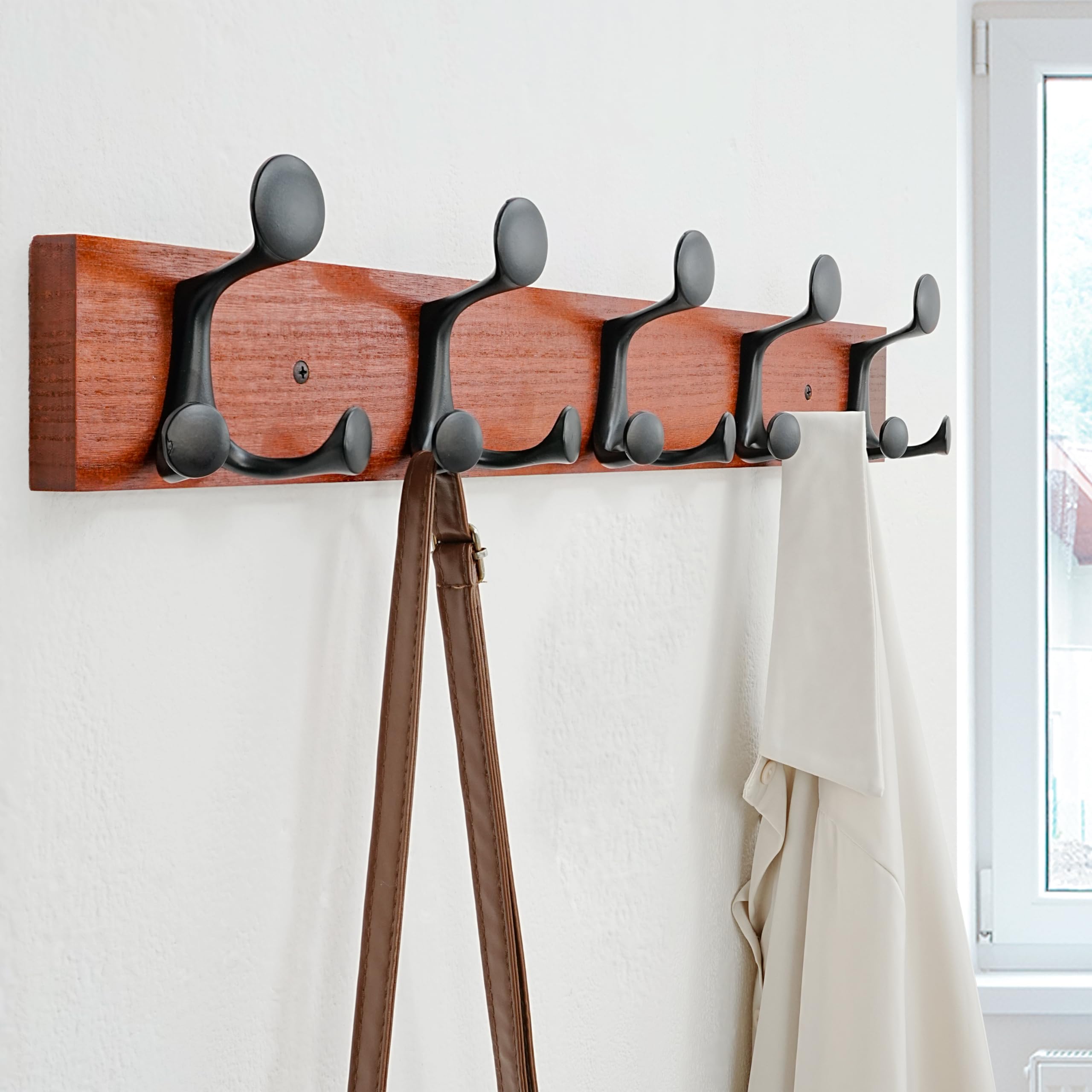 SKOLOO 61cm Cherry Wood Coat Rack Wall Mount with 5 Triple Hooks - Ideal for Family Entrances, Classrooms, and Pet Supplies Storage