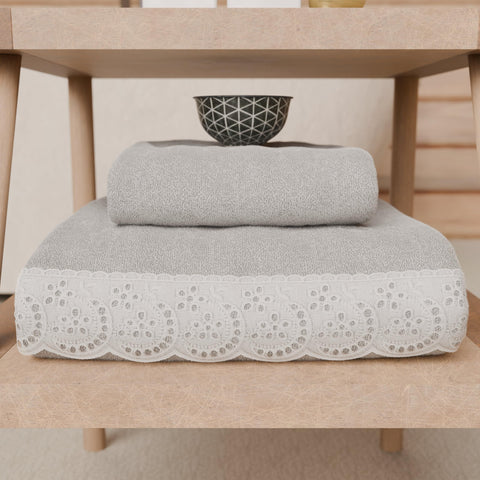 PETTI Artigiani Italiani - 100% Cotton Terry Bath Towels, 1+1 Towel Set, 2 Pieces, 1 Face Towel and 1 Hand Towel, Light Grey