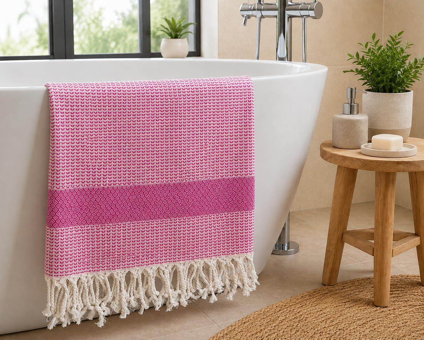 Babila Turkish Hammam Peshtemal Towel | Lightweight & Quick-Drying & Absorbent | Turkish Travel, Spa & Beach Towel | Soft, Compact & Versatile | Pink