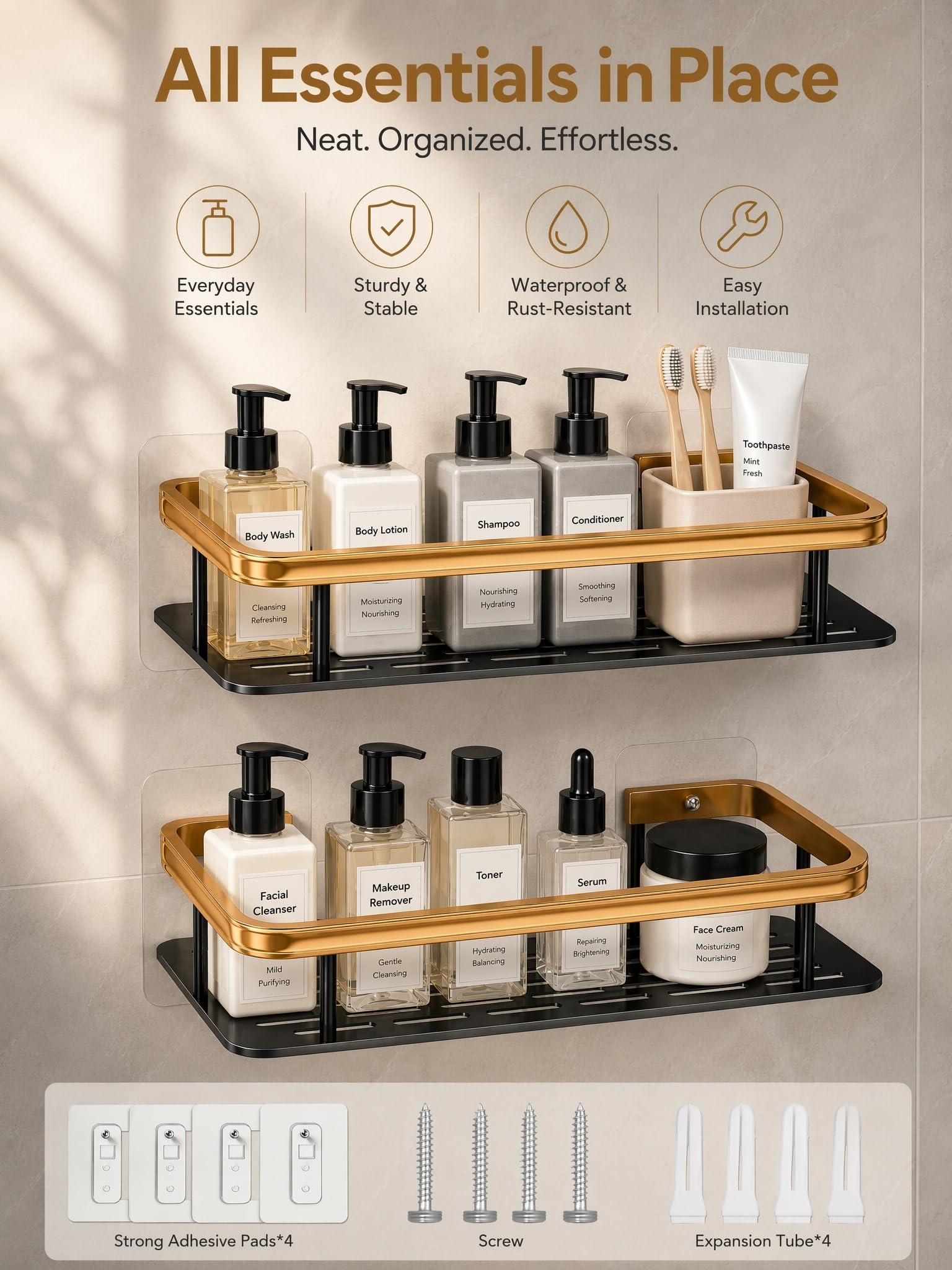 Shower Caddy 2 Pack, Black Gold Aluminium Storage Shelf, Wall Organiser