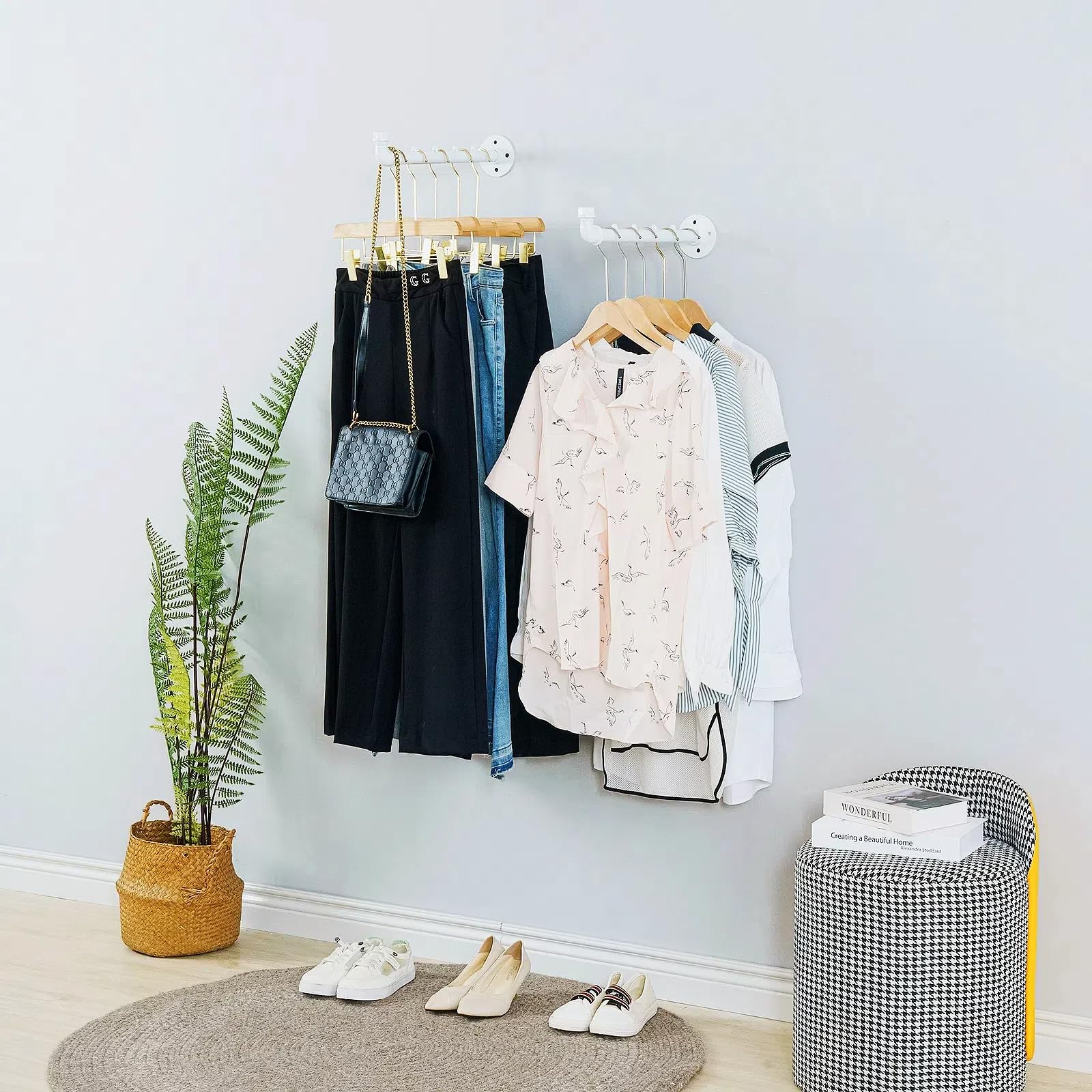 Industrial Wall Pipe Clothing Racks - Heavy Duty Metal Clothes Hanger with Hook, Wall-Mounted Garment Holder Racks,Wall Clothing Bar/Coat Hanging
