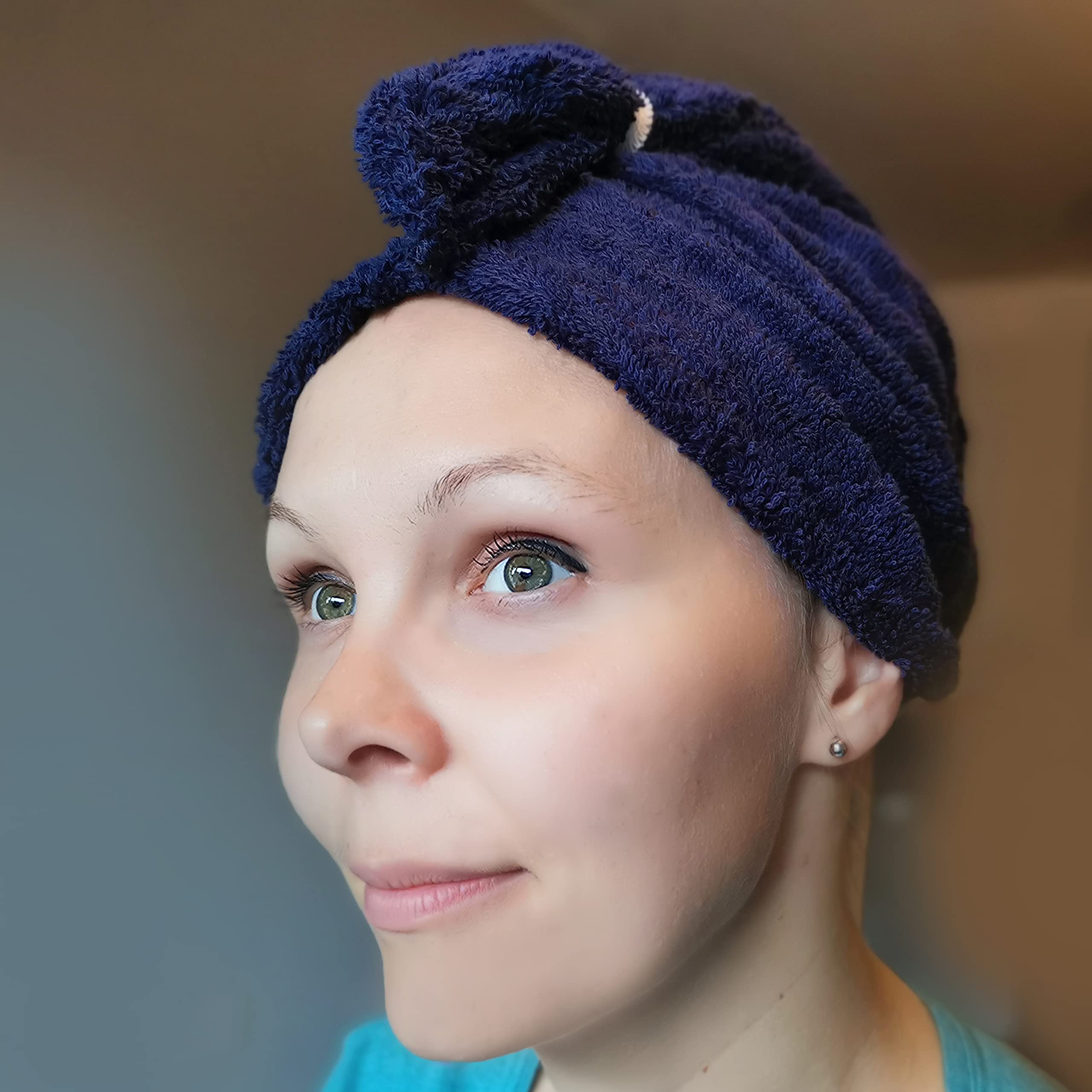 LLAMAXY 100% Pure Organic Cotton Hair Towel - Quick Twist Rapid Dry Turban Wrap for Adults and Children - 1 Pack Navy Blue