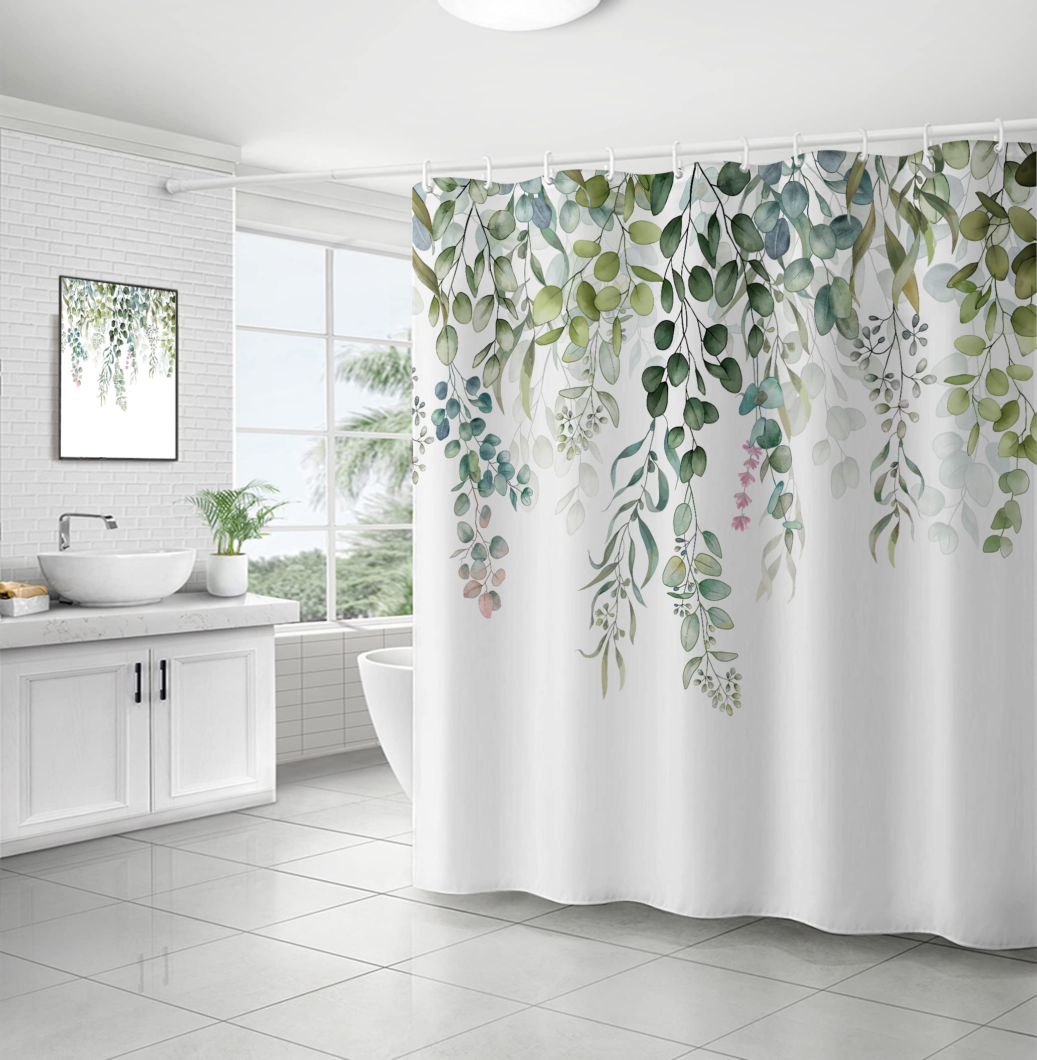 WELTRXE Shower Curtain Mould Proof Mildew Resistant, Bathroom Curtain with 12 Hooks, Waterproof Polyester Fabric Bathtub Curtain, Weighted Hem