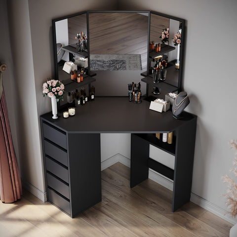 ELEGANT Corner Dressing Table with Mirror and 5 Drawers, 54x111x142cm