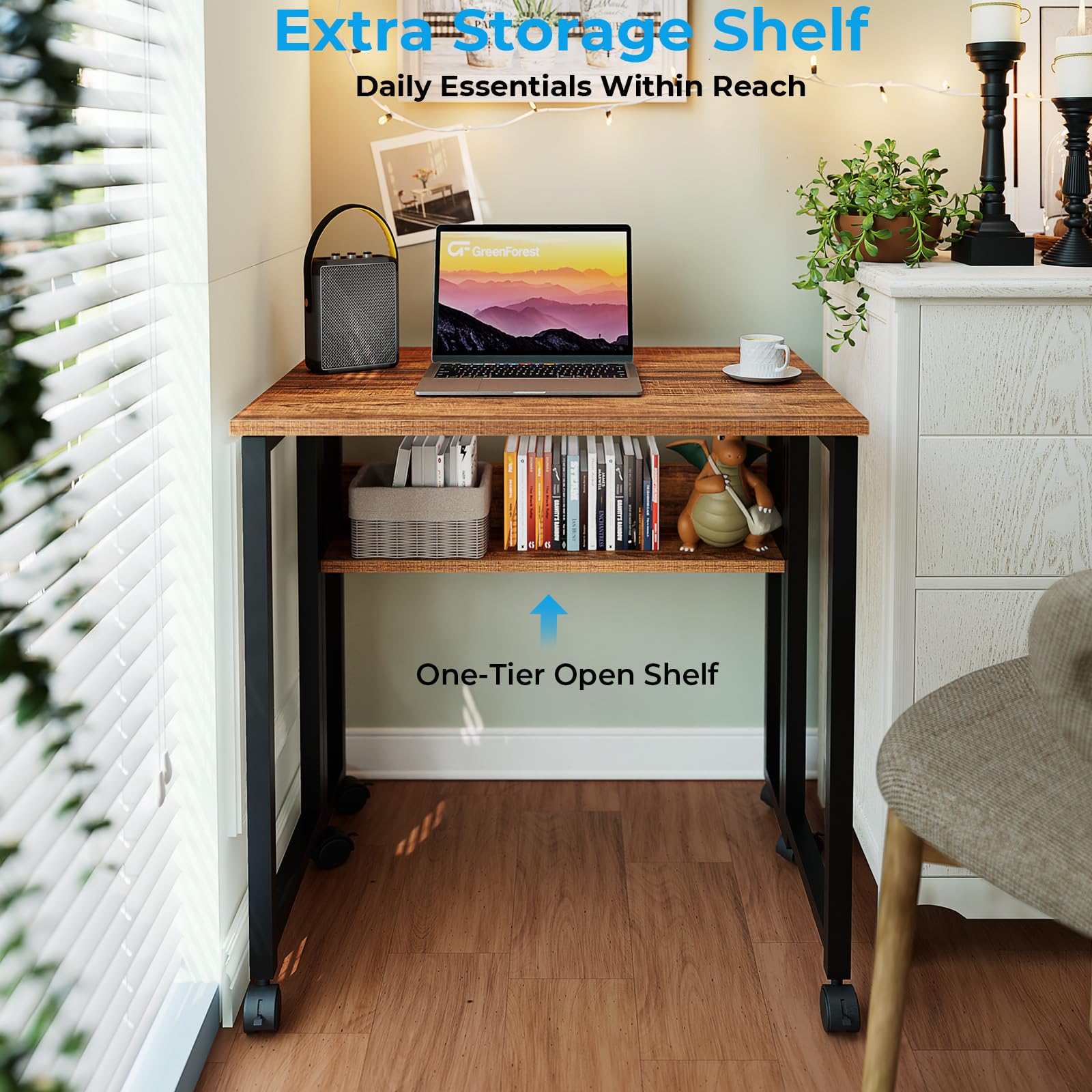 GreenForest Folding Desk 63 cm with Storage Shelf and Wheels, Brown