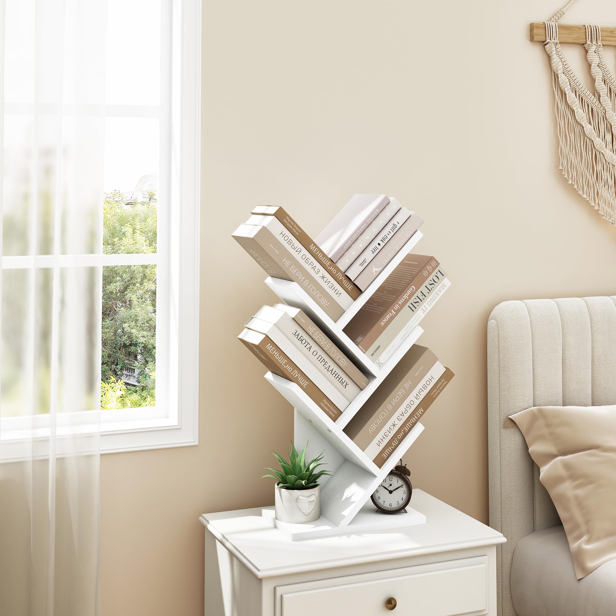Hoctieon 4 Tier Tree Bookshelf, 4 Shelf Bookcase, Free Standing Tree Bookcase, Display Floor Standing Shelf for Books