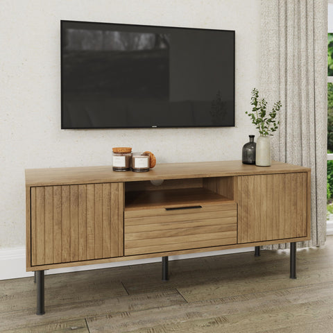 GFW Nervata TV Unit, Oak Effect Media Storage Cabinet with 1 Drawer and 2 Doors, Black and Gold Art Deco Style TV Stand for Living Room Furniture