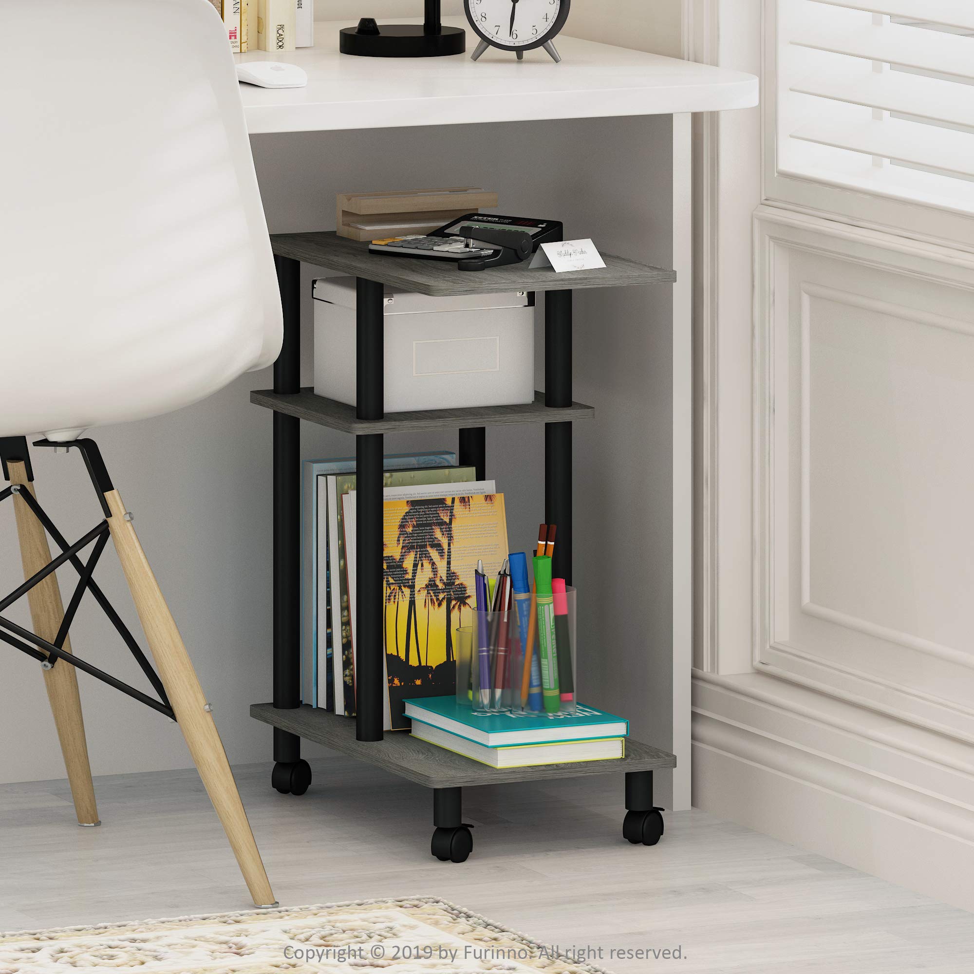 Furinno TURN-N-TUBE Side Table, 3-Tier C-Shape End Table with Wheels, Toolless Assembly Night Stand, Bedside Table with Open Shelf, for Living Room