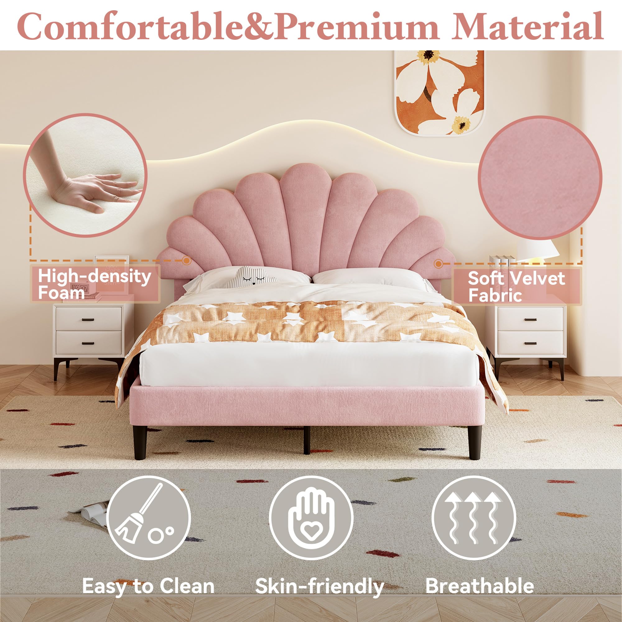 Merax 4ft6 Platform Bed Frame Double Upholstered with Adjustable Chic Petal Headboard, Solid Wood Slat Support, No Box Spring Needed