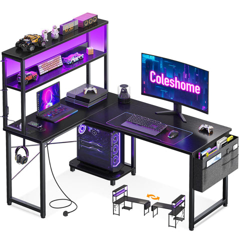 Coleshome L Shaped Gaming Desk with LED Lights & Power Outlet, Black